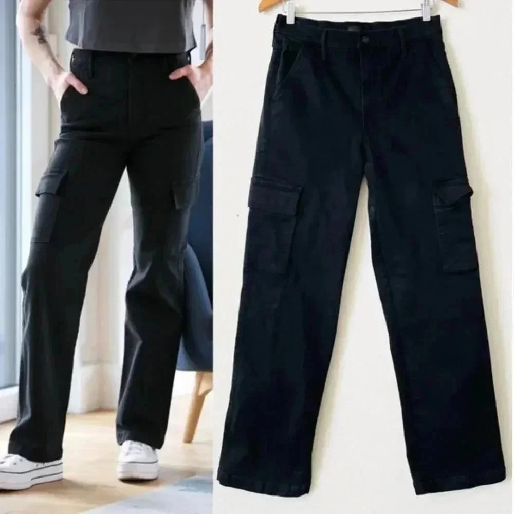 NWT MOTHER The Straight Up Rambler Cargo Skimp Jeans in Pitch Black Size 32